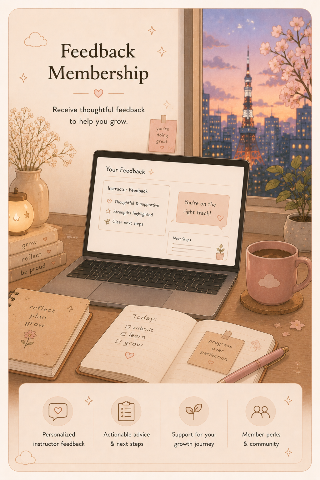 A cozy workspace with a laptop displaying feedback notes, notebooks, a pink mug, and potted plants, with a city skyline view outside the window at sunset.