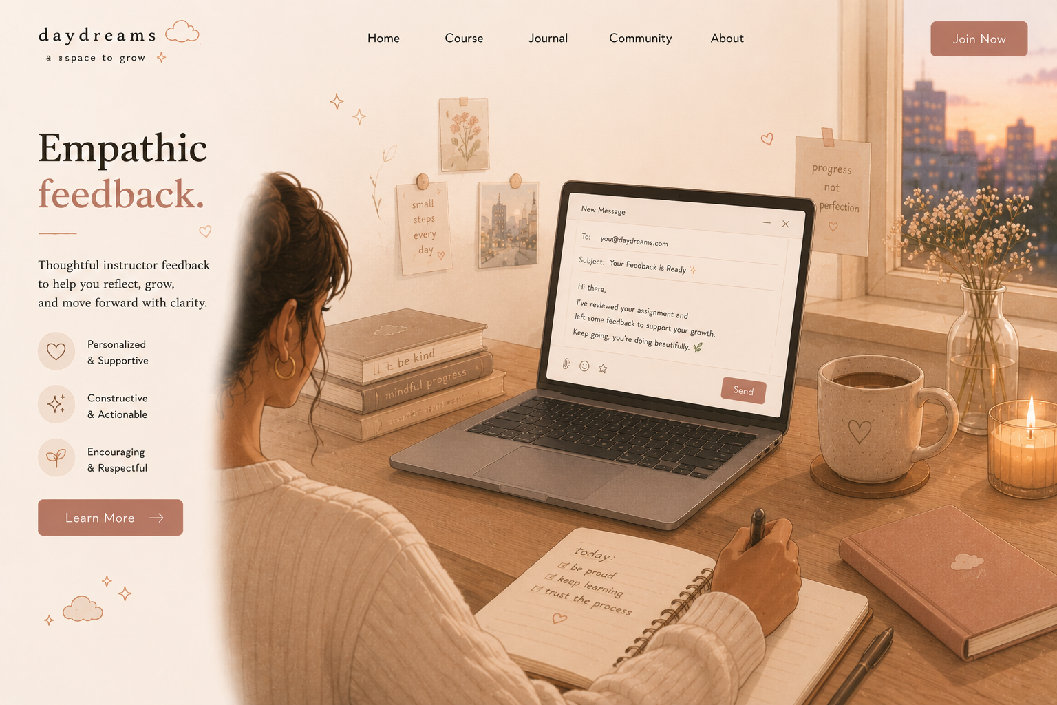 A woman sitting at a wooden desk, writing in a notebook, with a laptop open displaying a feedback message. The desk has books, a candle, a cup of coffee, and a vase with flowers. The background features a window with a city view, and the left side of the image contains text about empathetic feedback and a "Learn More" button.