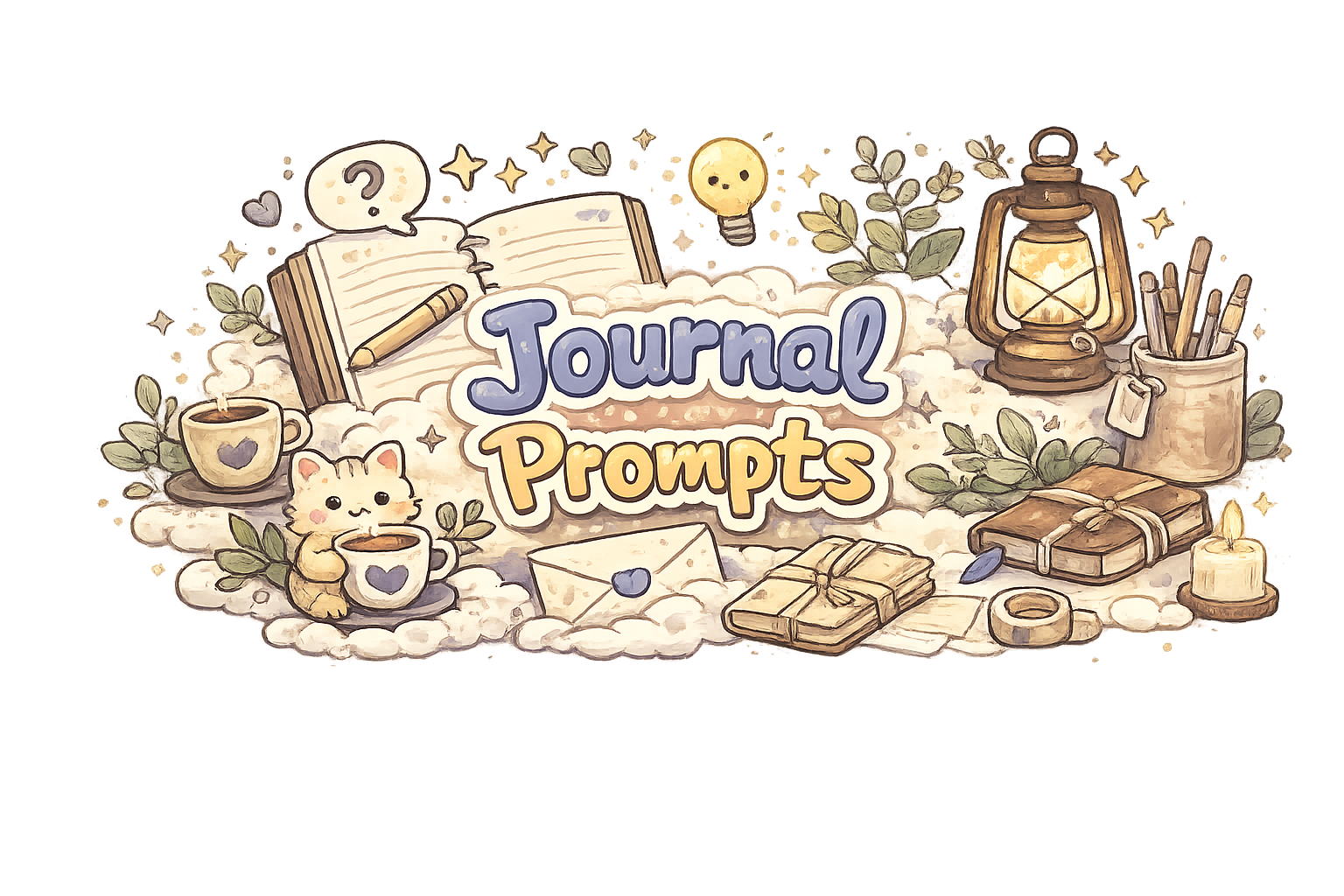 Illustration with books, a candle, a lantern, a cup, a small kitty holding a cup, an envelope, a notebook, a pencil, and decorative leaves; contains the text 'Journal Prompts' in the center.