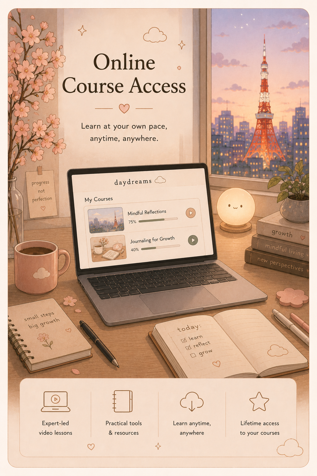 A cozy workspace featuring a laptop displaying online courses, a coffee mug, notebooks, pens, a cute cloud lamp, and a window with a city view including the Tokyo Tower at sunset.