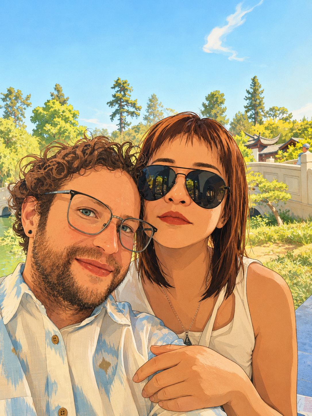A man and woman taking a selfie outdoors with trees, a bridge, and a building in the background under a clear blue sky.
