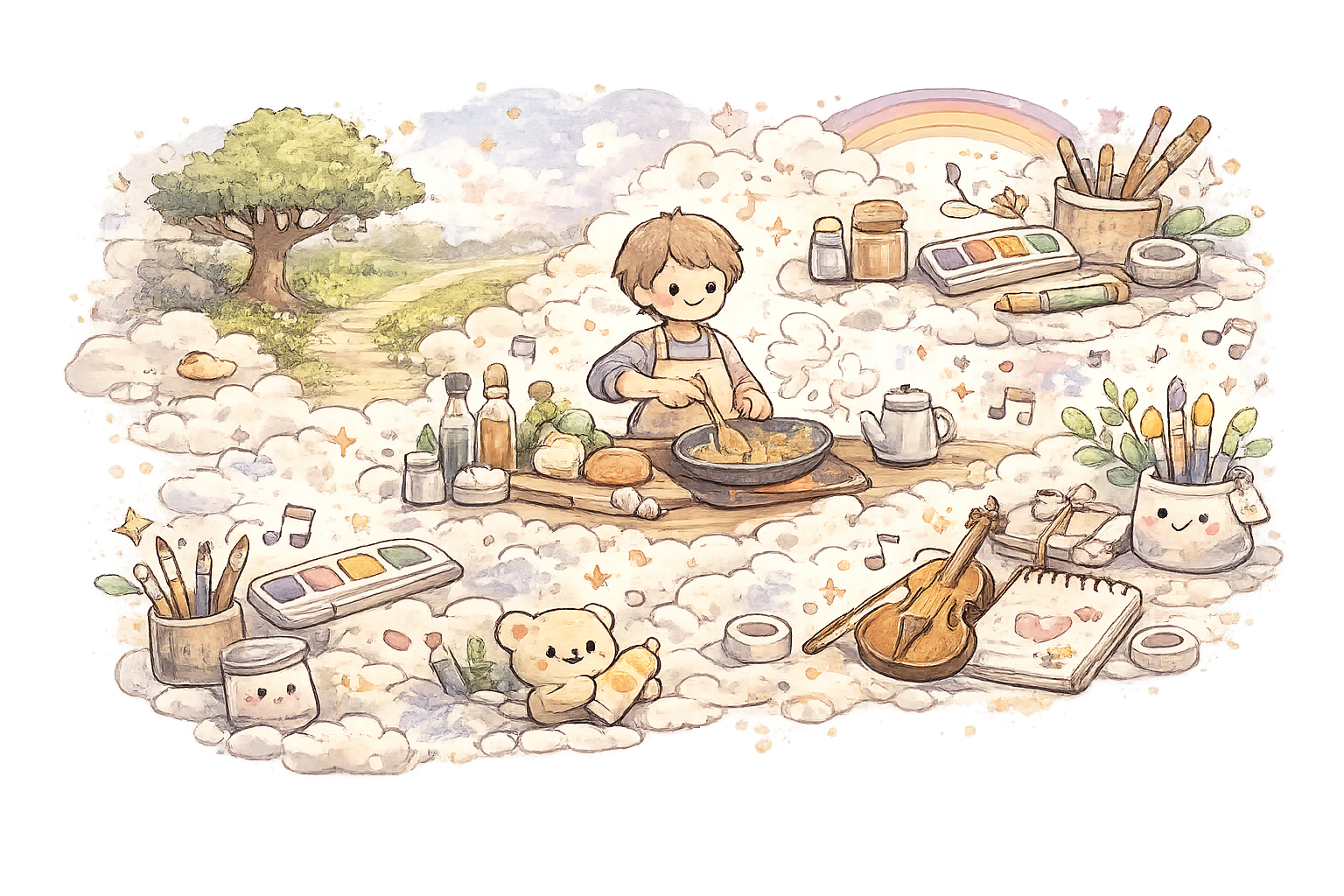 watercolor illustration of a child cooking outdoors surrounded by art supplies, a teddy bear, musical notes, a rainbow, and a tree, with a peaceful nature scene in the background.