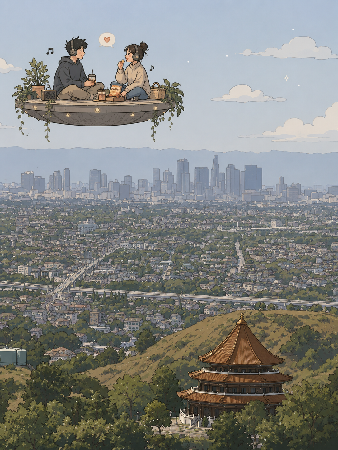 Illustration of a floating island with a couple listening to music, eating snacks, sitting on a platform with plants, against the city skyline and a traditional pagoda in a park in Los Angeles.