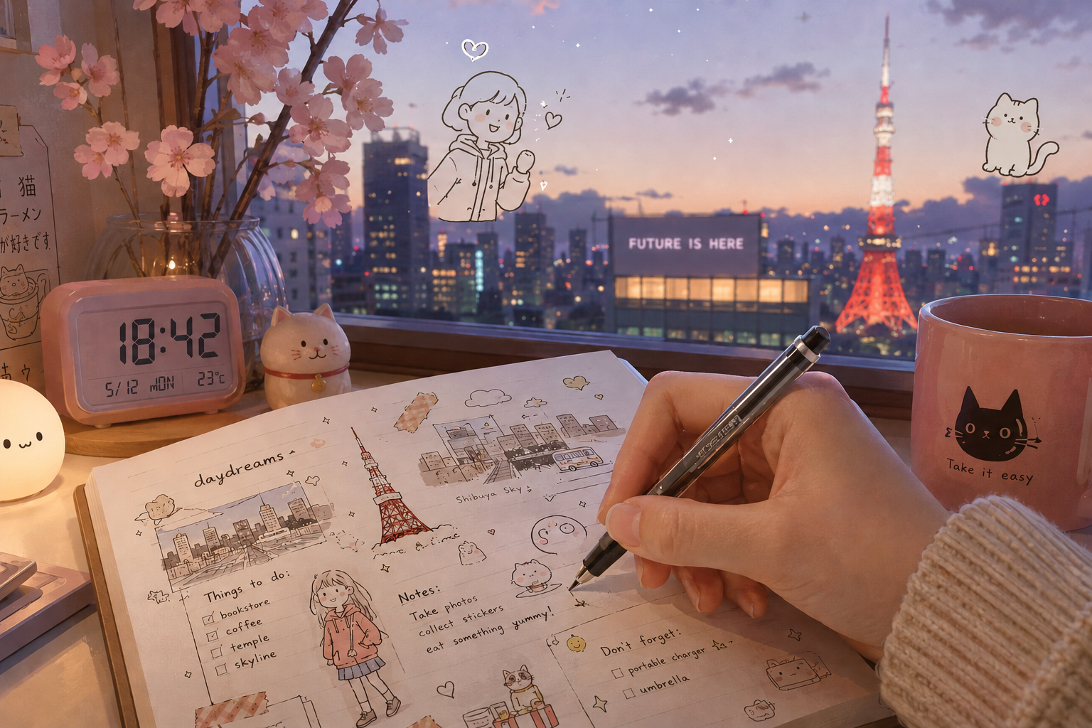 A cozy workspace with a handwritten journal decorated with sketches and notes, a pink digital clock showing 18:42, a small cat figurine, a pink mug with a black cat illustration, a calendar, and a vase of pink cherry blossoms. A view of Tokyo Tower and city skyline at dusk is visible through the window, with cartoon like drawings and stickers added to the photo, including a girl, a cat, and a cityscape.