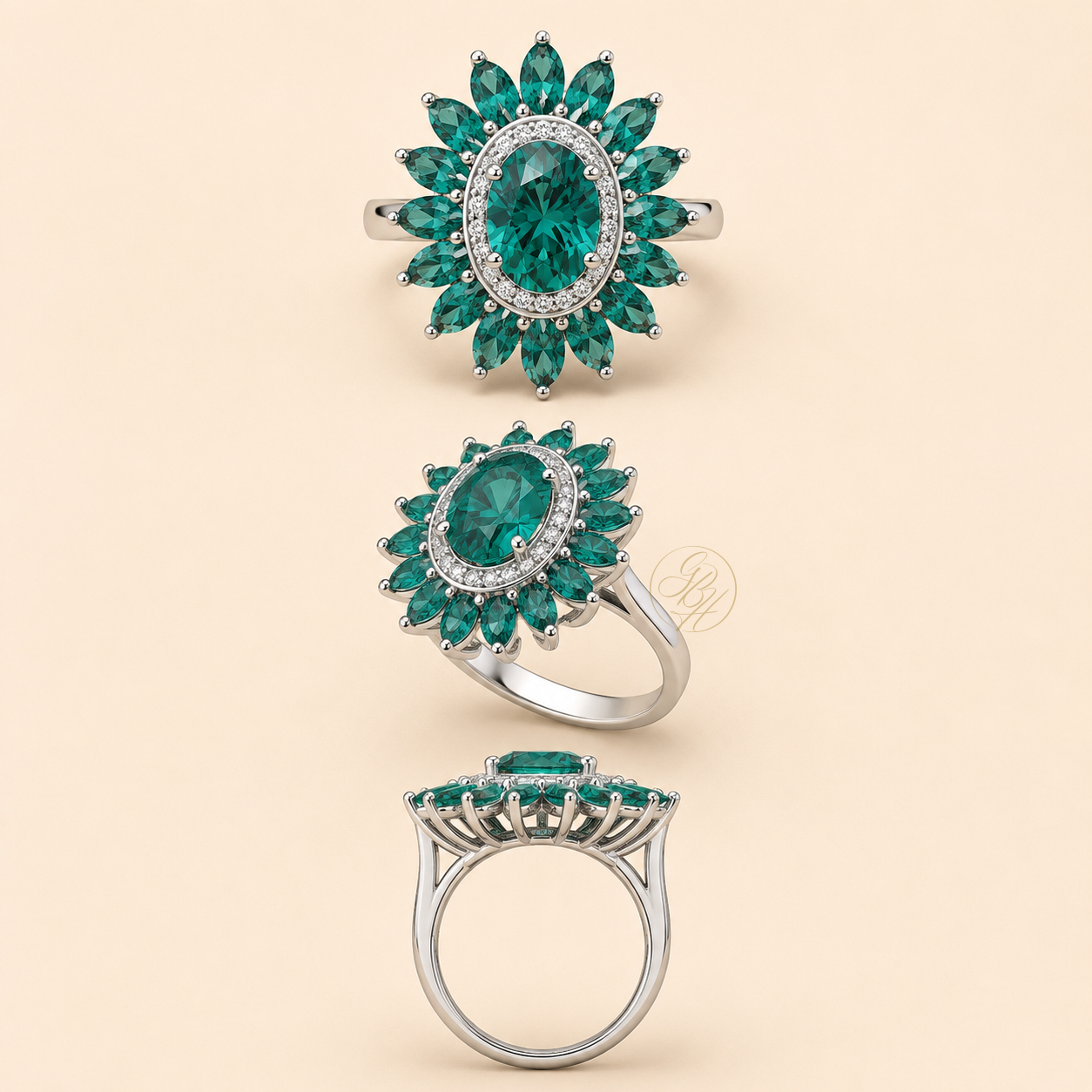 Sample design of a ballerina ring with white gold material, designed by GBH 