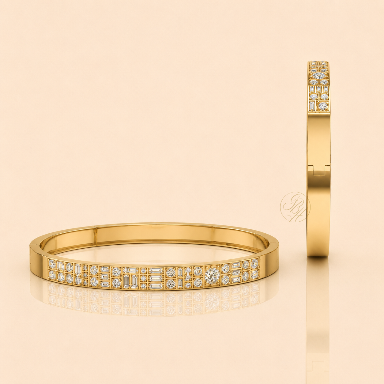 Gold bracelet with diamond embellishments against a beige background.
