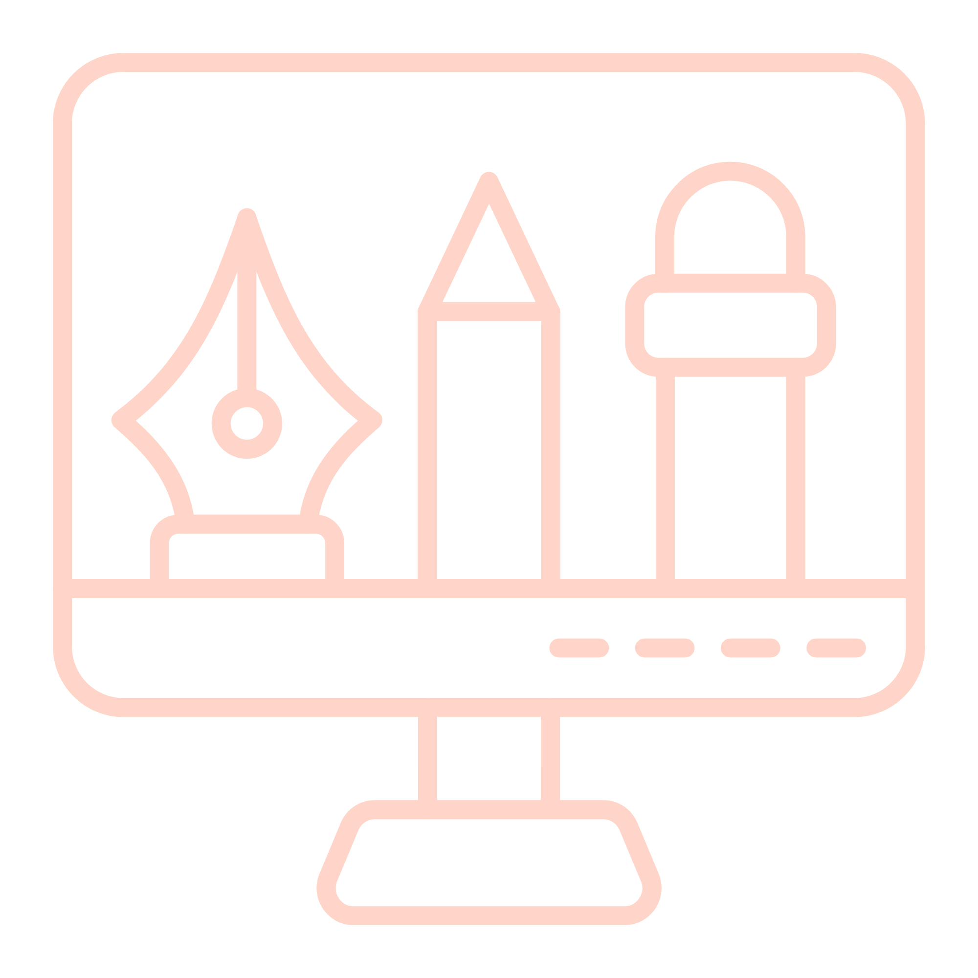 Outline of a computer monitor with a speech bubble, a pencil, and a padlock icons inside the screen.