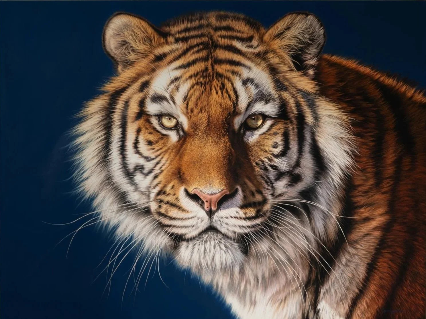 Hyper realistic oil painting of a tiger's face with piercing yellow eyes and distinctive orange and black striped fur against a dark background.