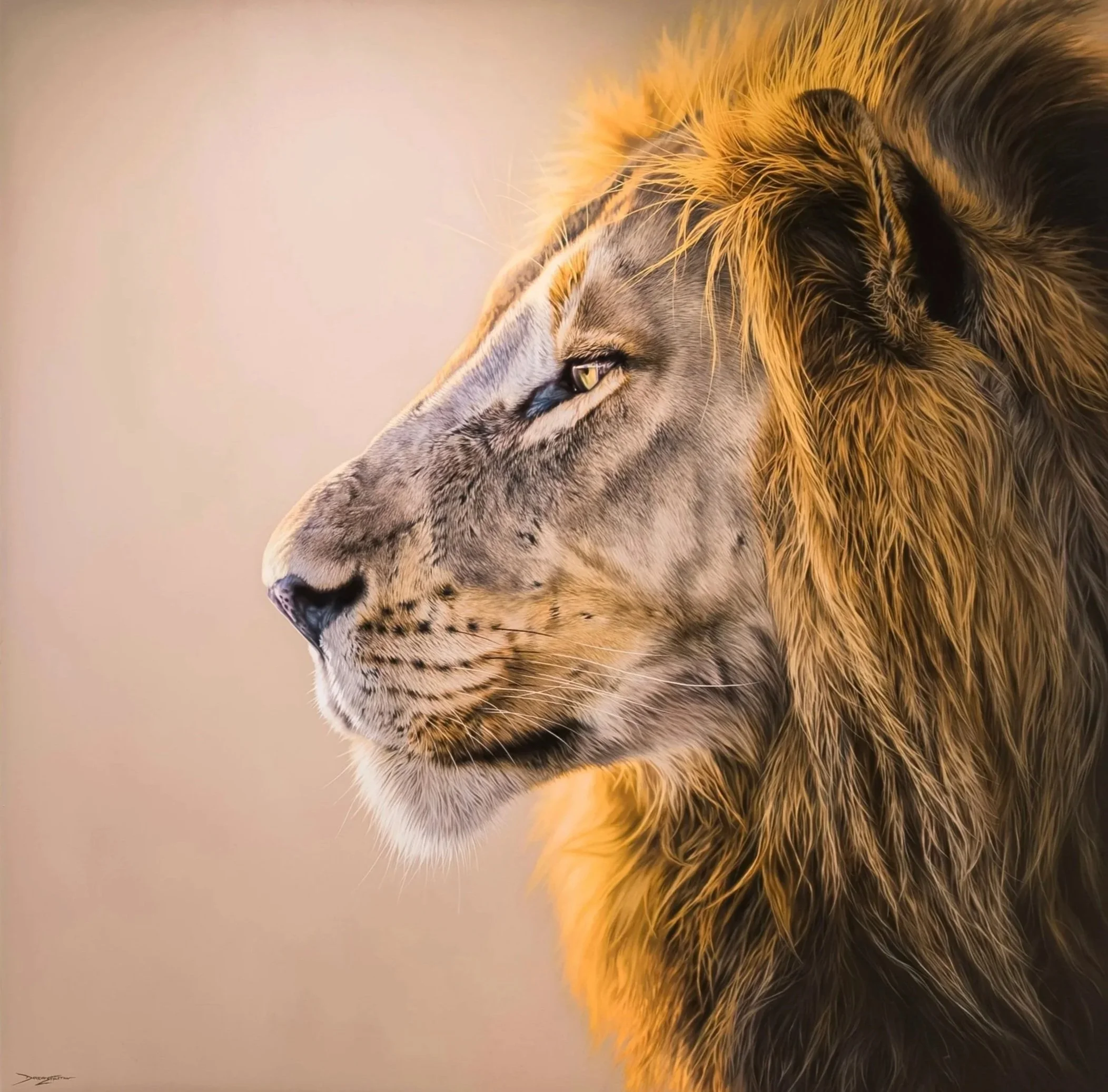 Hyper realistic oil painting of a lion's face in profile, showcasing its golden mane and intense gaze against a plain neutral background.