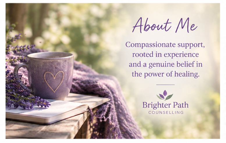 A purple mug with a heart shape on it, placed on top of an open notebook with lavender flowers beside it. A purple knitted blanket drapes over the table, set outdoors with blurred green foliage background. The image contains text about counseling services by Brighter Path Counseling.
