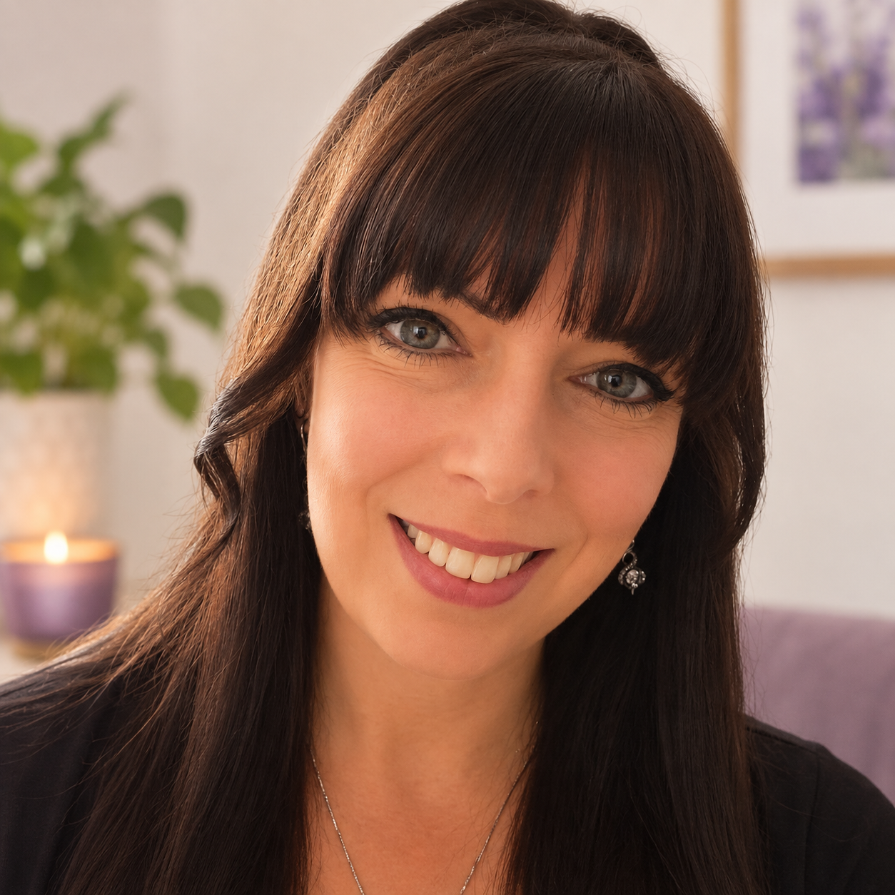 Close-up of a woman with long dark brown hair and bangs smiling in a warmly lit room with a candle, plant, and framed artwork in the background.