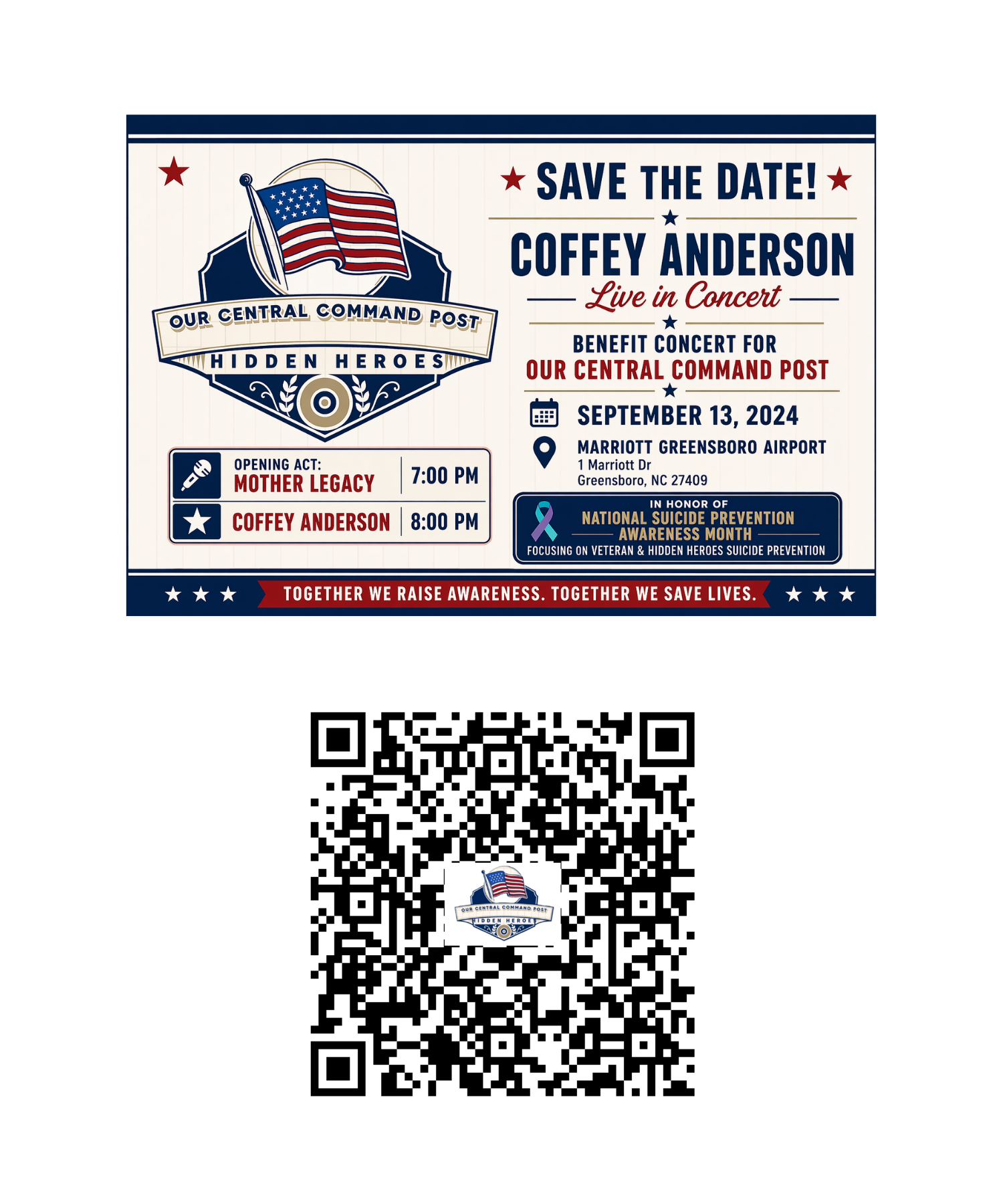Event flyer for a concert benefitting the Central Command Post, featuring a patriotic theme with American flag imagery, event date September 13, 2024, at Marriott Greensboro Airport, with performances by Mother Legacy and Coffey Anderson.