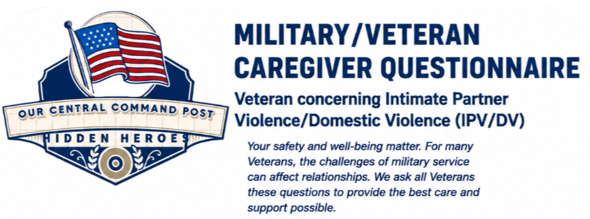 Title page of a military/veteran caregiver questionnaire with a logo featuring an American flag on a flagpole and the words "Our Central Command Post Hidden Heroes."