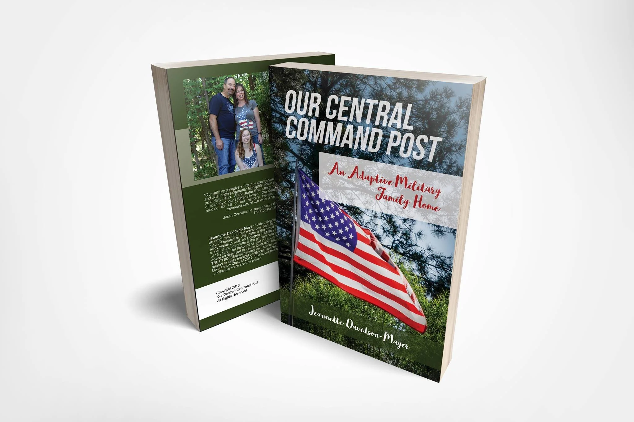 Book cover titled 'Our Central Command Post: An Adaptive Military Family Home' with a background of trees, a U.S. flag, and a photo of a smiling family of three in front of greenery.