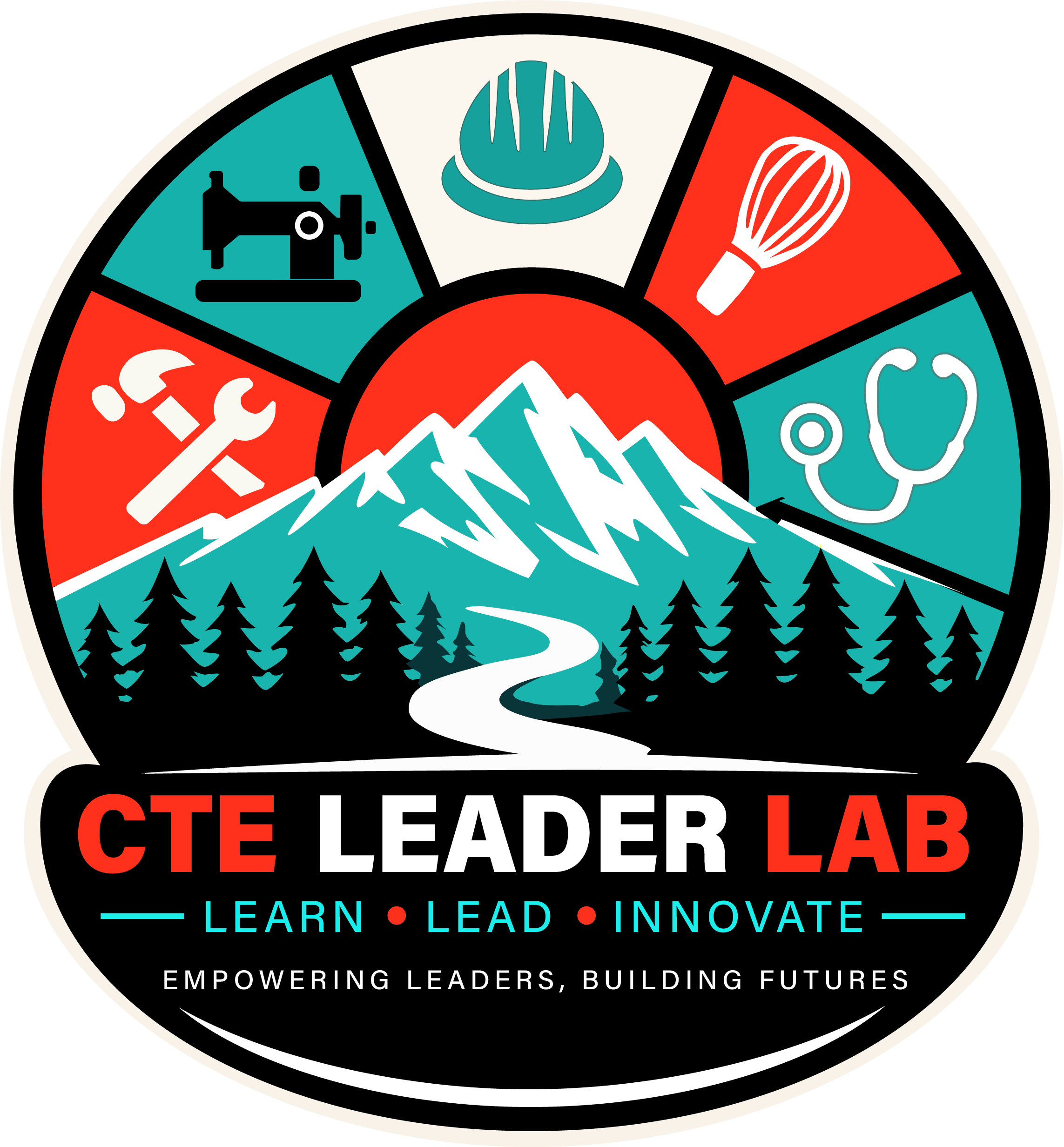 A circular logo featuring mountains, a flowing river, trees, a mountain helmet, a sewing machine, a whisk, a wrench, and a stethoscope with the words "STEEL LEADER LAB" and the slogan "Learn, Lead, Innovate" with the tagline "Empowering Leaders, Building Futures".