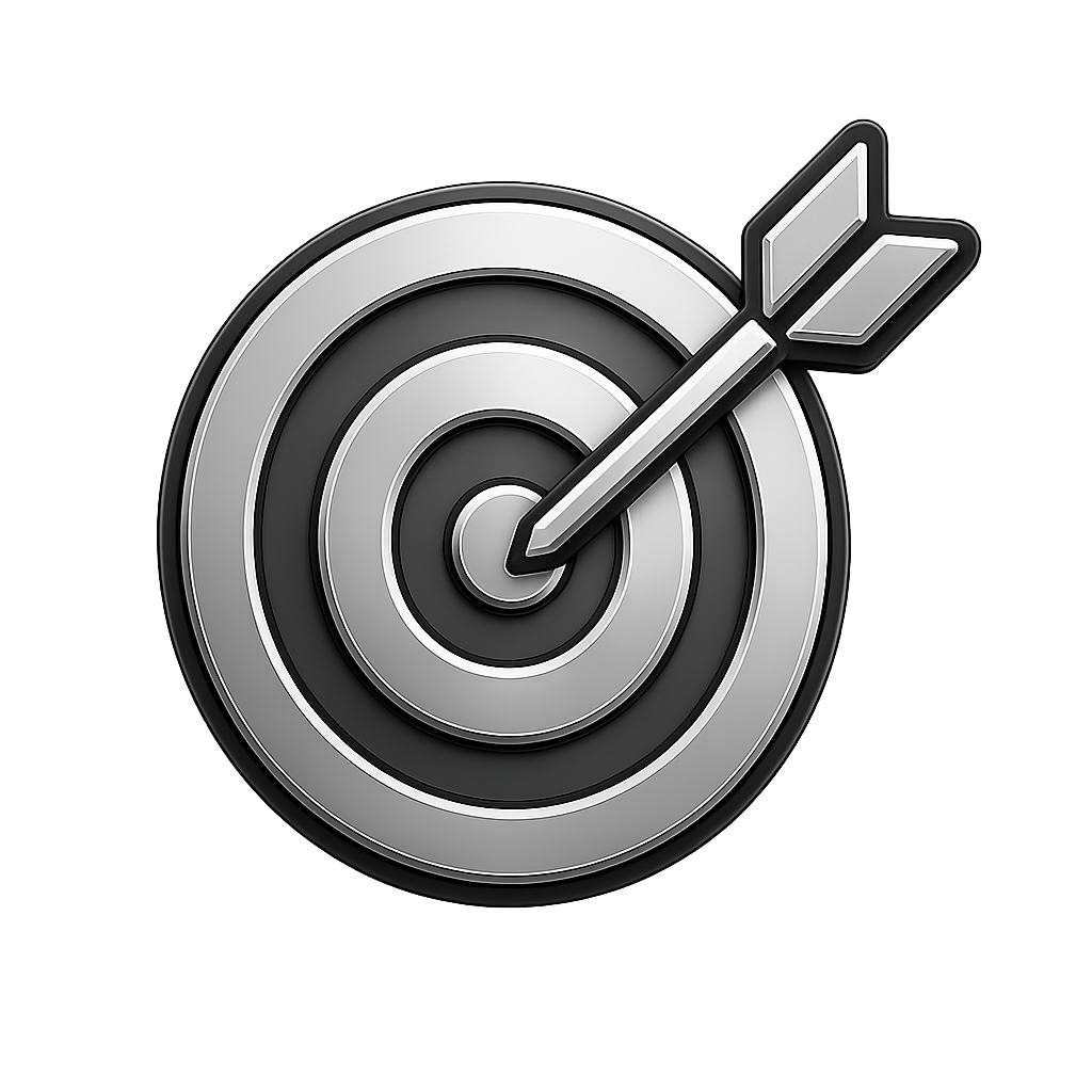 A black and white target with an arrow hitting the bullseye.