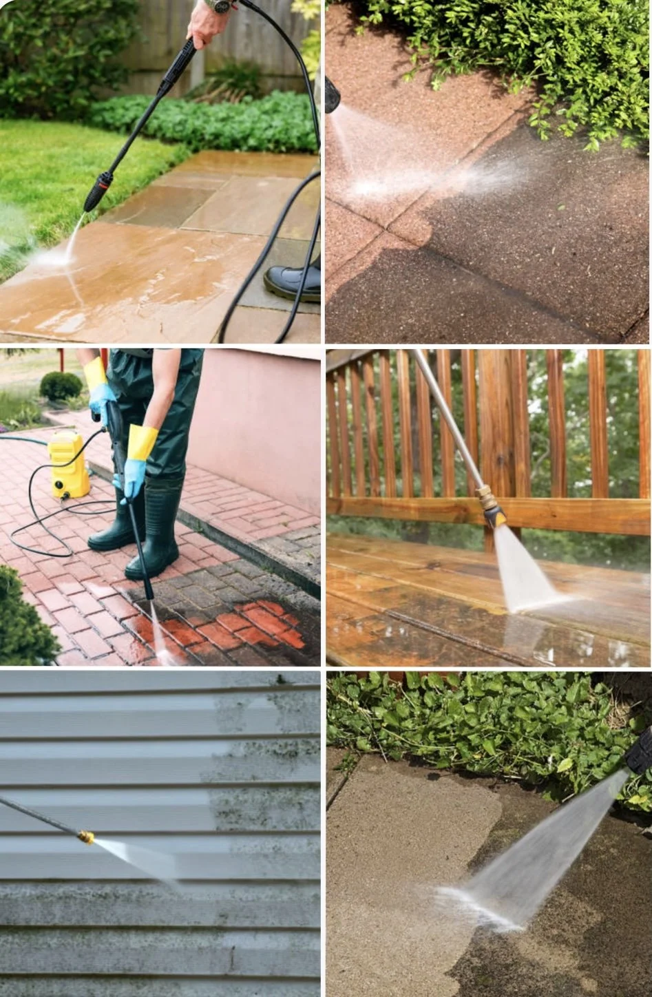 Six different images of surfaces being pressure washed clean.