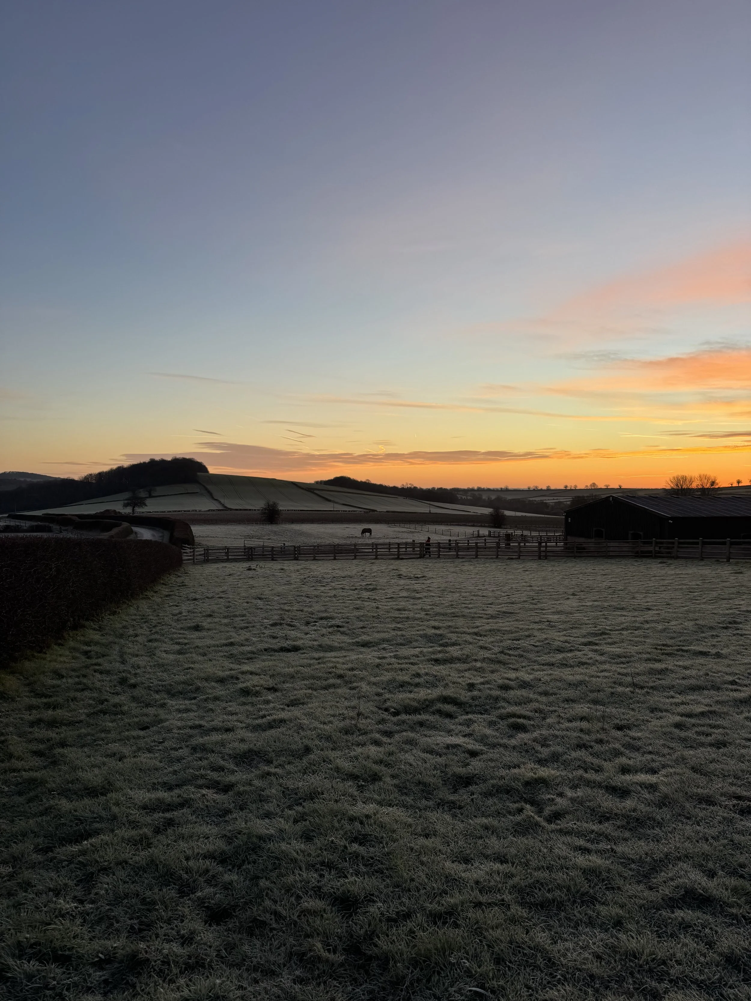 A rural landscape at sunset with a sky transitioning from blue to orange, a fenced field with a horse, and distant hills with some trees and farm buildings.