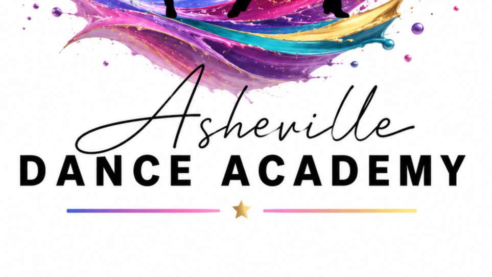 Logo for Asheville Dance Academy featuring colorful abstract paint splashes at the top, with 'Asheville' in cursive font and 'Dance Academy' in bold capital letters, and a small gold star below.