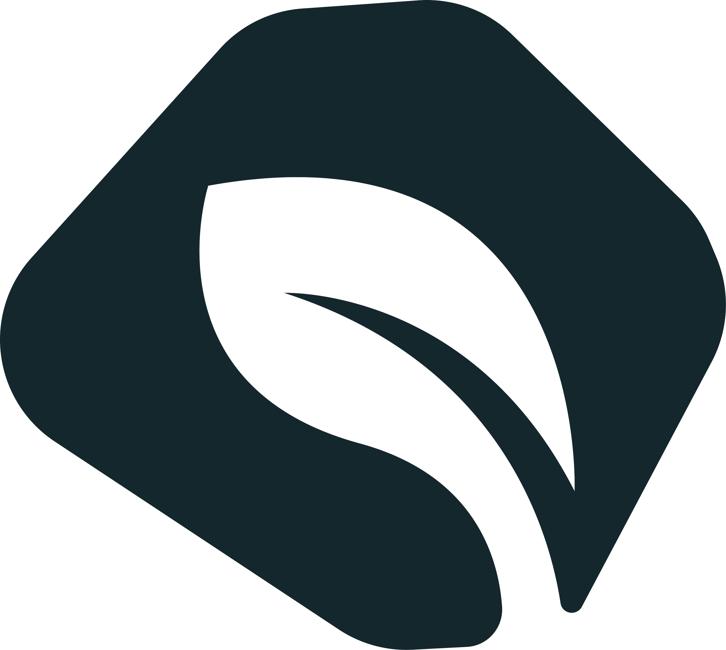 A dark teal colored icon resembling a stone with leaf.