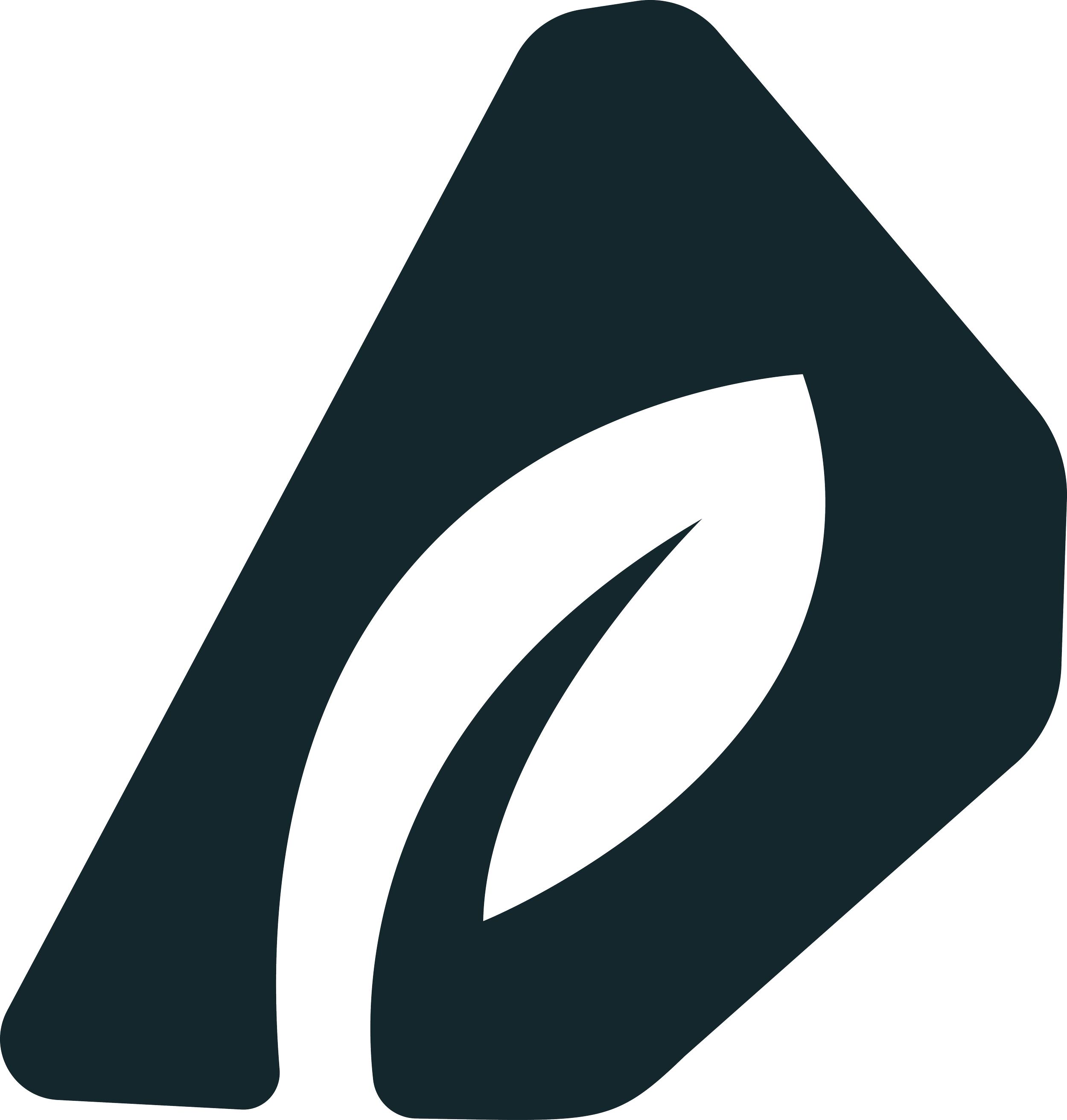 A dark teal colored icon resembling a stone with leaf.