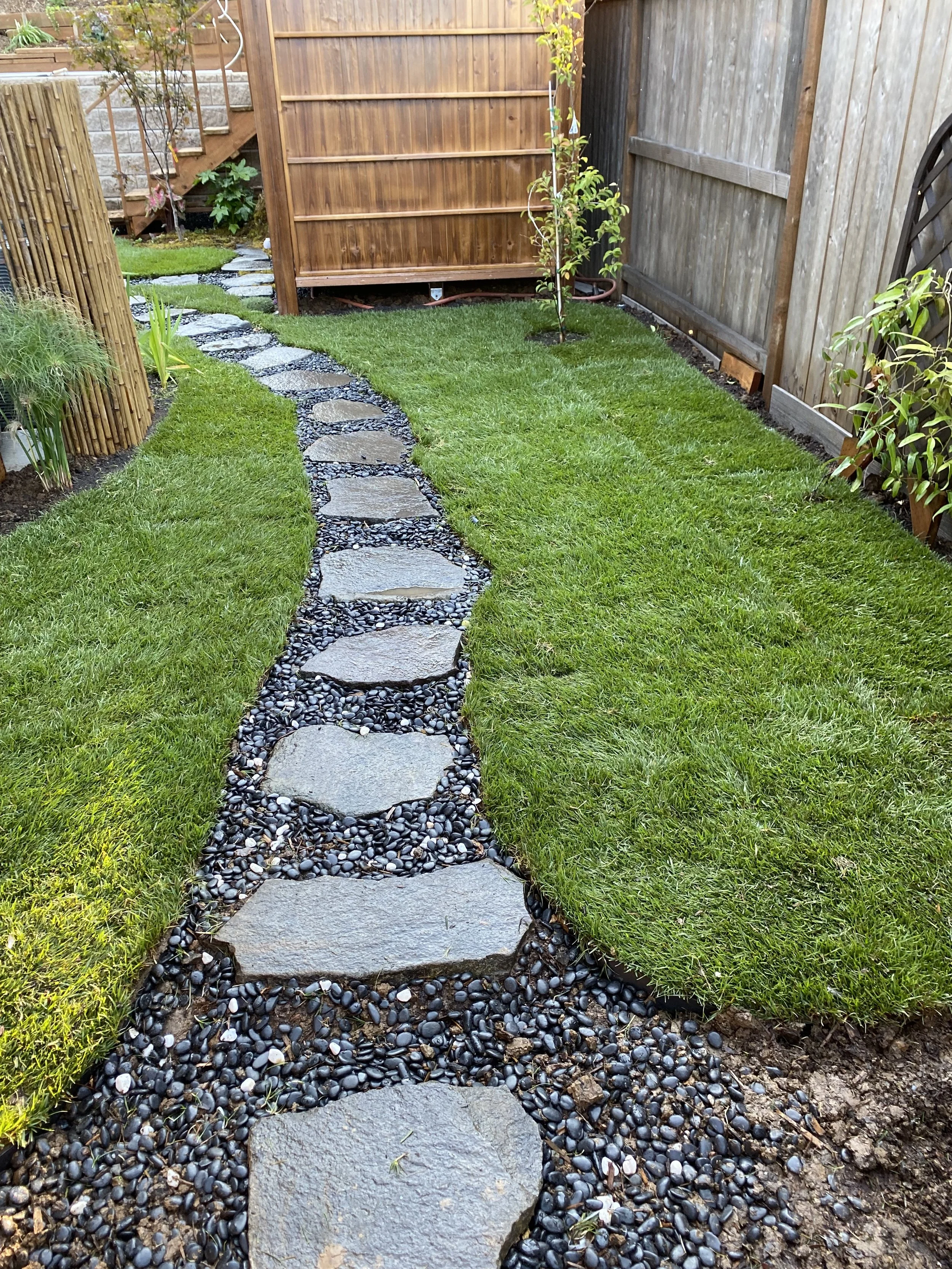 A backyard with a stone pathway bordered by black pebbles, green grass, and plants, enclosed by a wooden fence, with a small tree in the grass.