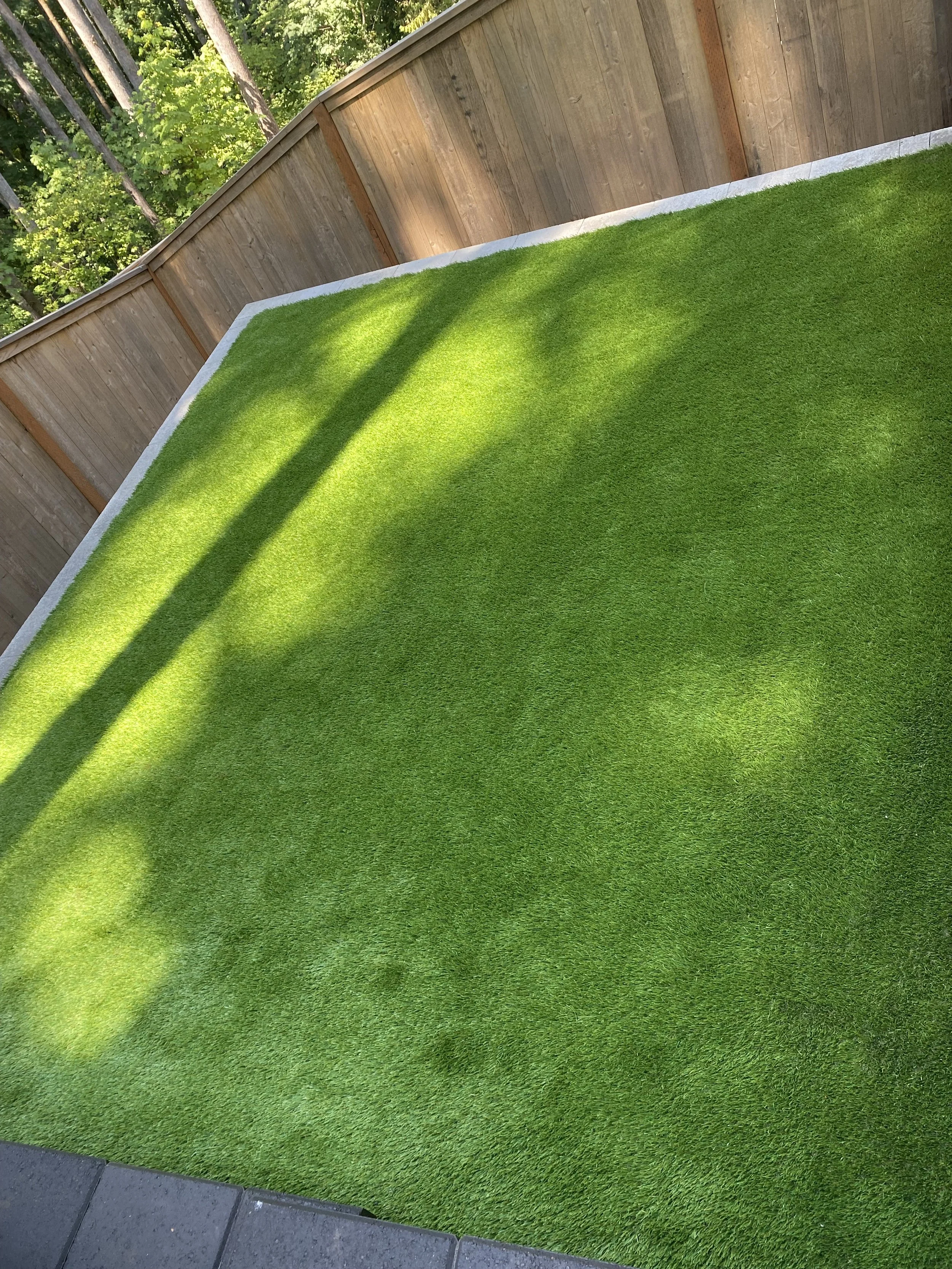 A patch of well-maintained green grass next to a stone pathway, with a wooden fence and trees in the background. Shadows from trees are cast on the grass.