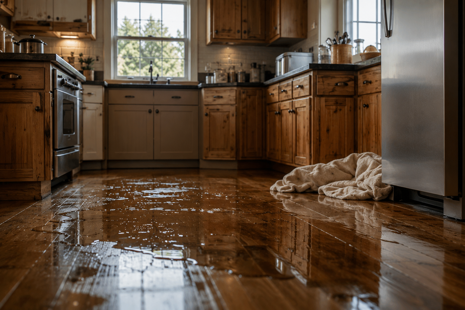 Kitchen with wet wooden floor, beige and wooden cabinets, and a large window.