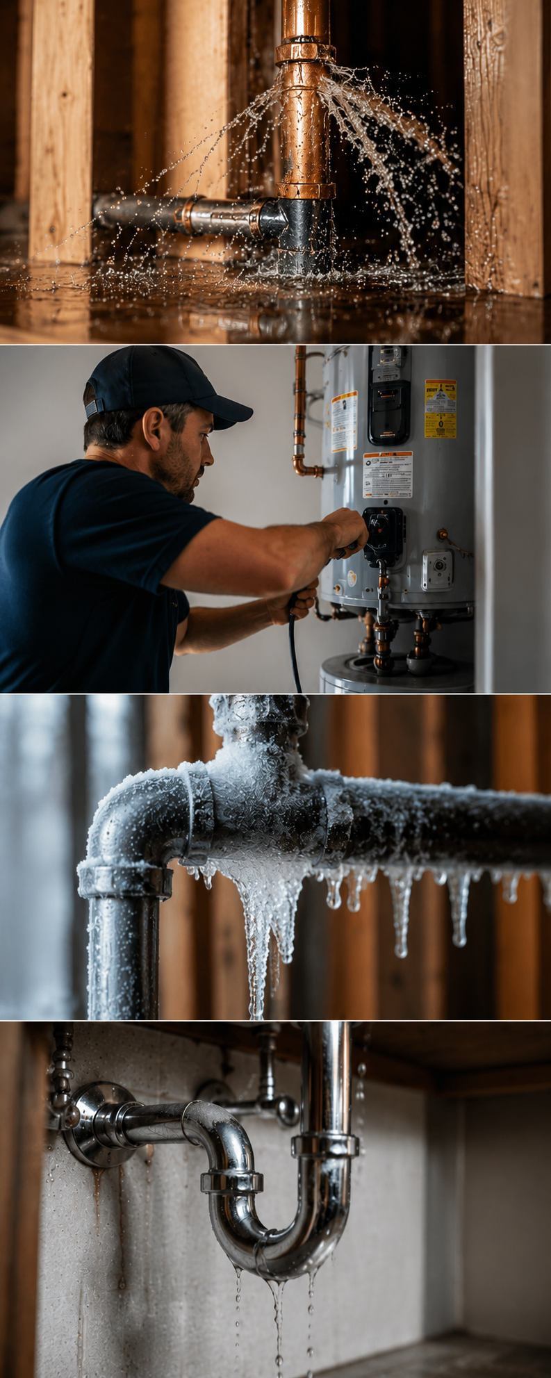 Images of plumbing systems experiencing leaks: water leaking from pipes and fixtures, a technician repairing a water heater, and dripping water from a pipe under a sink.
