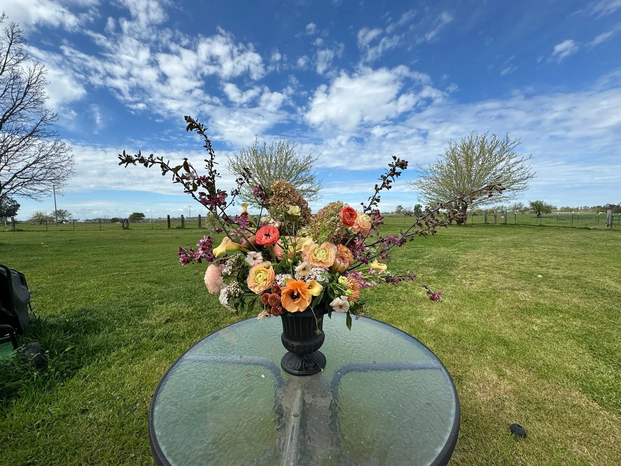 A colorful flower bouquet arranged in a black vase on a glass outdoor table, with a rural landscape including green fields, trees, fencing, and a partly cloudy sky in the background.