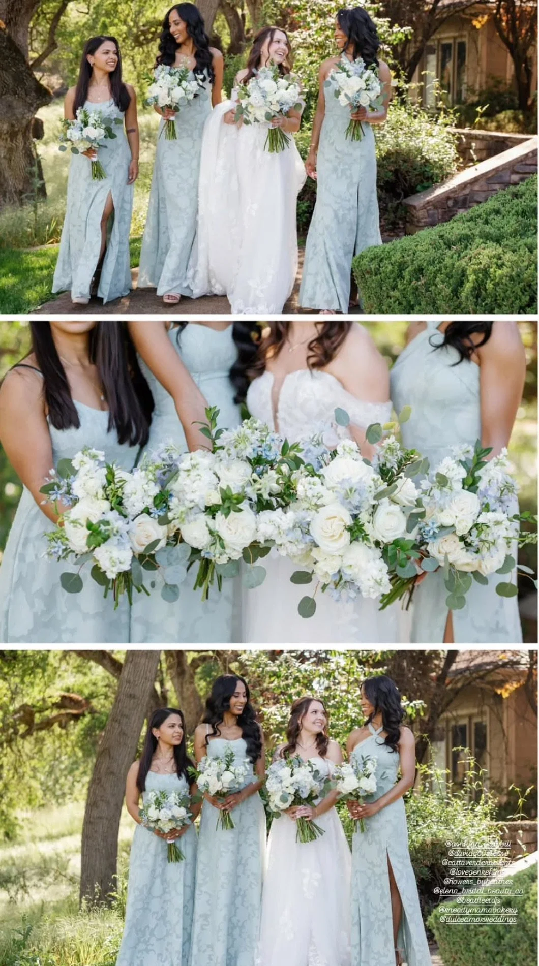 A bridal party of four women in light blue dresses holding white bouquets, standing outdoors among trees and greenery, smiling and enjoying the day. The second close-up shows the women holding a large floral arrangement of white and green flowers.