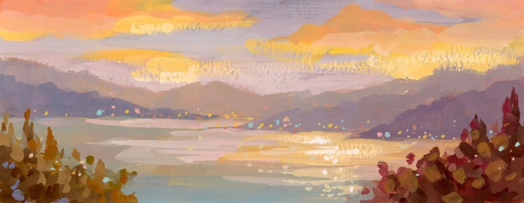 Gouache Sunset lake view with trees and mountains