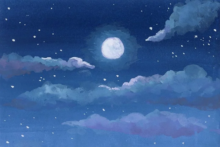 Gouache Night Sky with full moon and stars