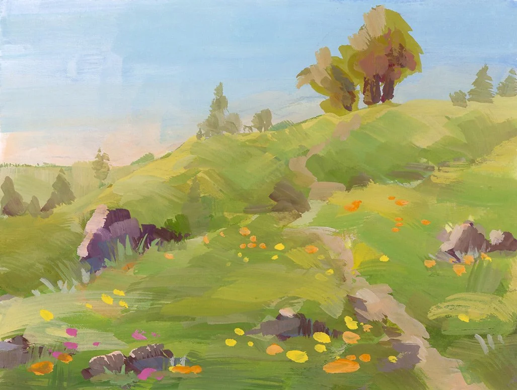 Gouache hiking trail with trees and rocks