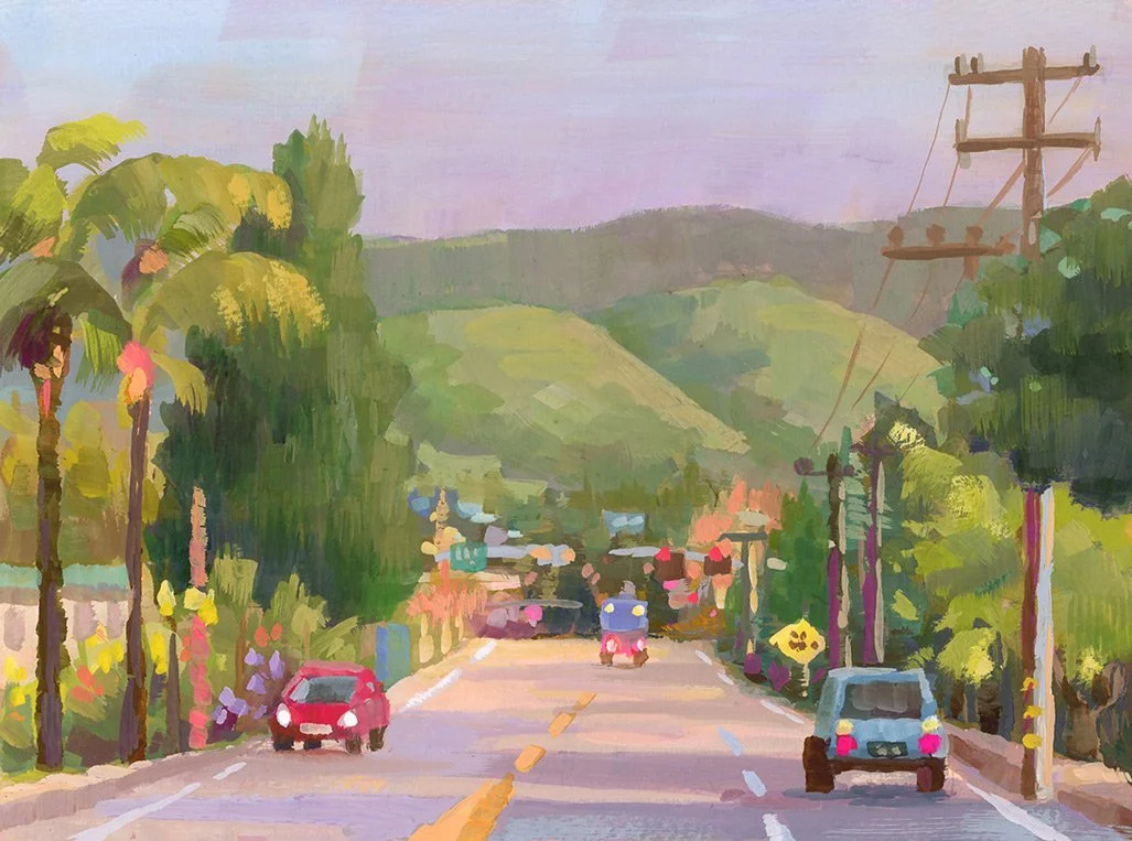 Gouache Foothill Blvd with cars, palms, and mountains