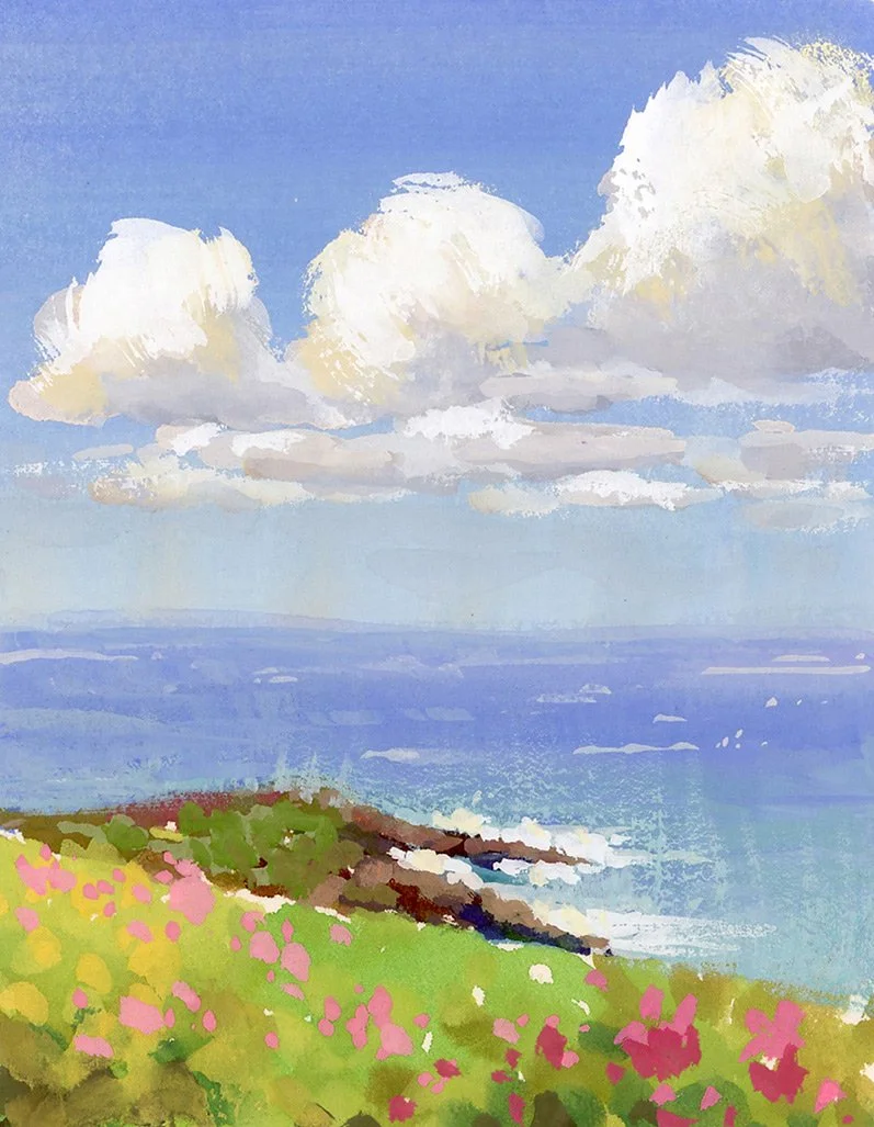 Gouache Ocean with flowers and clouds