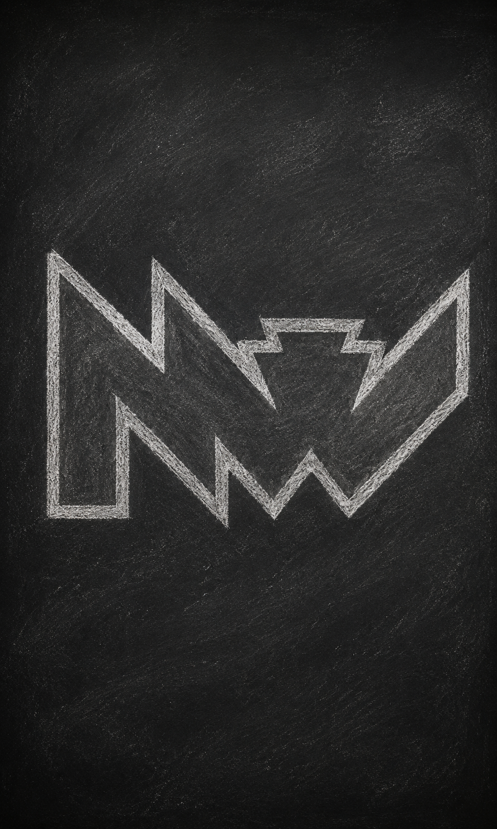 A chalk drawing of the Batman logo on a black chalkboard.