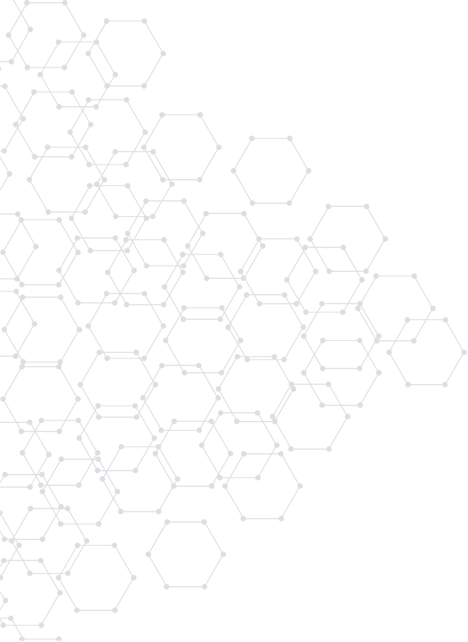 Digital pattern of interconnected hexagons and lines on black background, resembling a network or molecular structure.