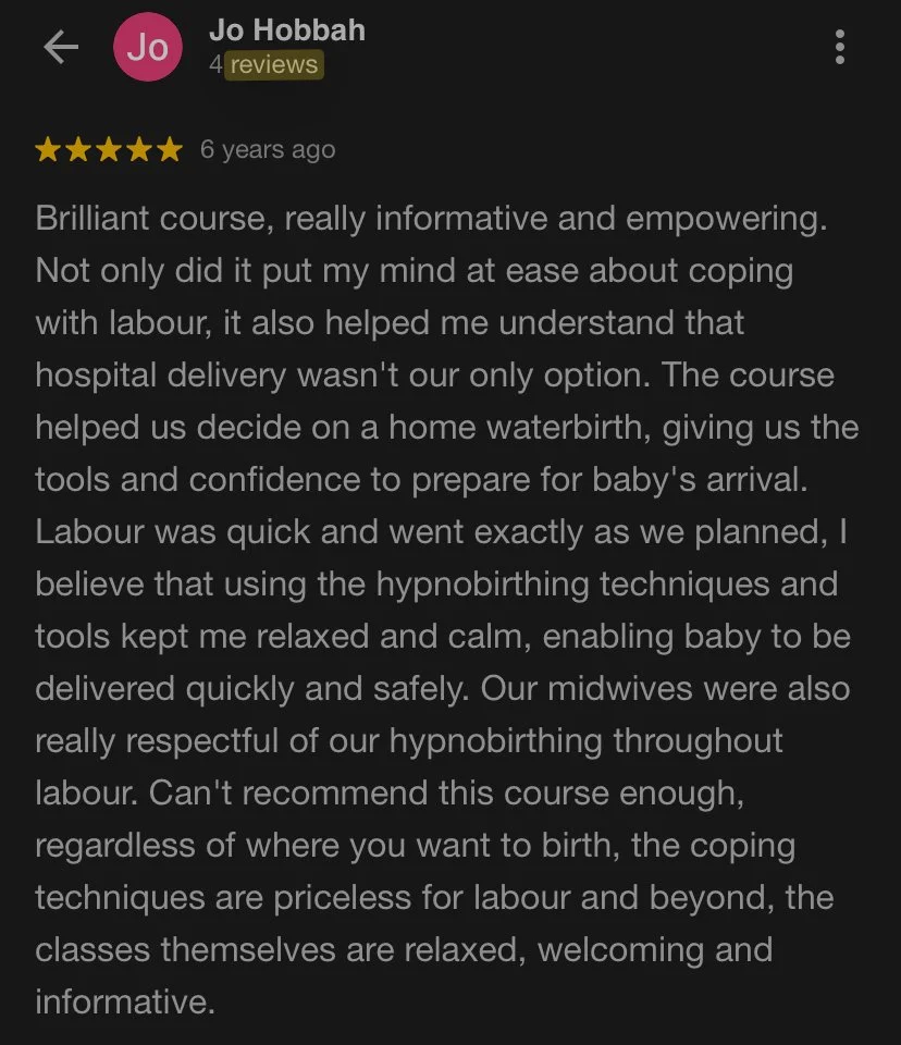 Screenshot of a positive review for my hypnobirthing course with me, Lindsey Lou Dakota, highlighting its helpfulness for labour and delivery preparation.
