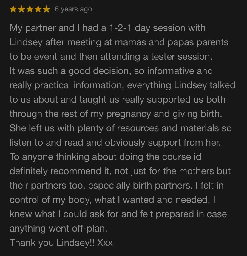 Screenshot of a 5-star review discussing a pregnancy and birth course with Lindsey and The Born Ready Method, highlighting positive experiences, support, and recommendations for the course.