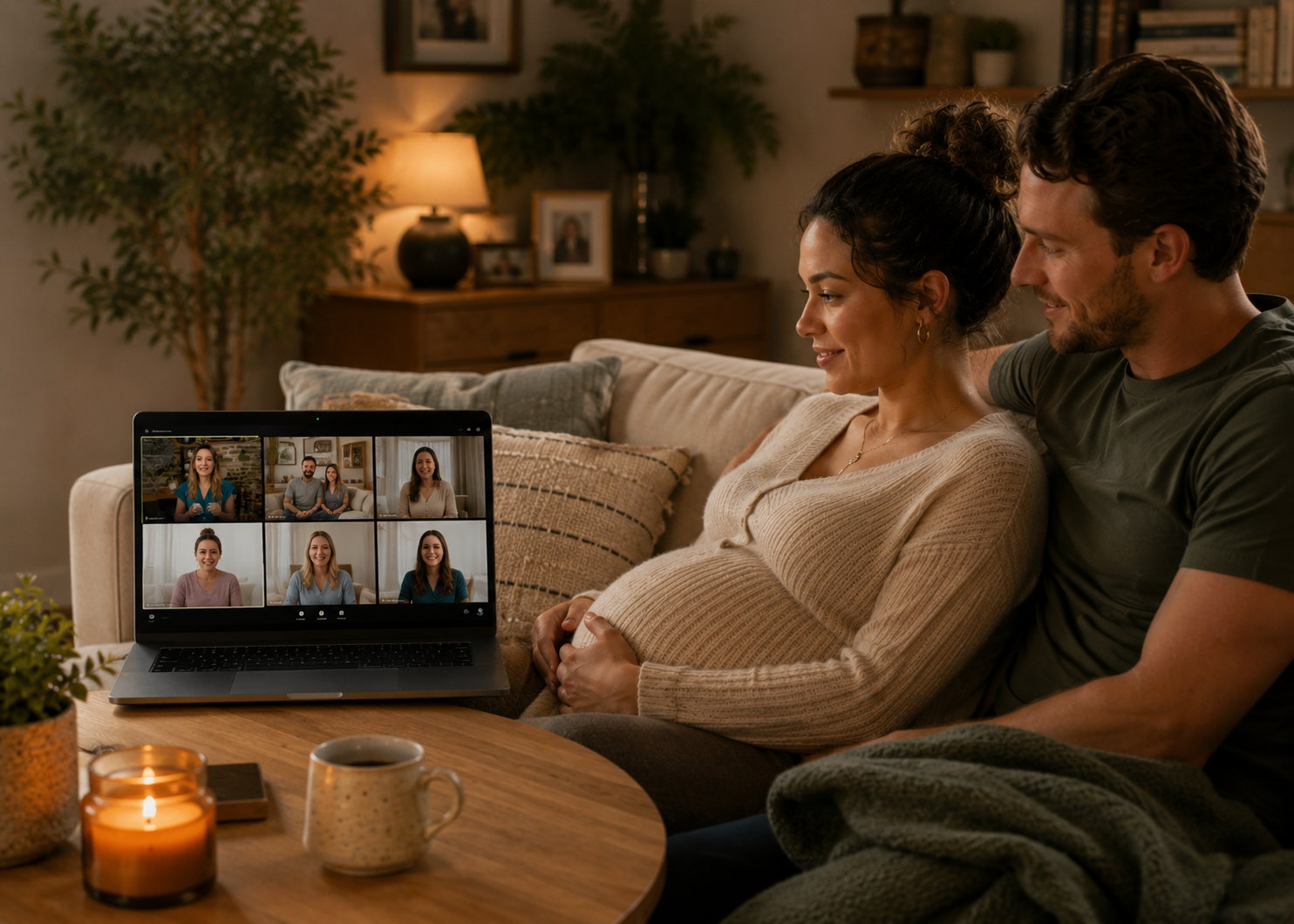A couple sitting on a beige couch together, smiling while watching a video call on a laptop. The woman is pregnant and wearing a beige sweater, and the man is in a dark t-shirt. The laptop screen shows six women participating in a video conference. The room has warm lighting, a wooden coffee table with a candle, a mug, potted plant, and a blanket. In the background, there is a wooden sideboard with decorative items, a framed picture, and a large indoor plant.