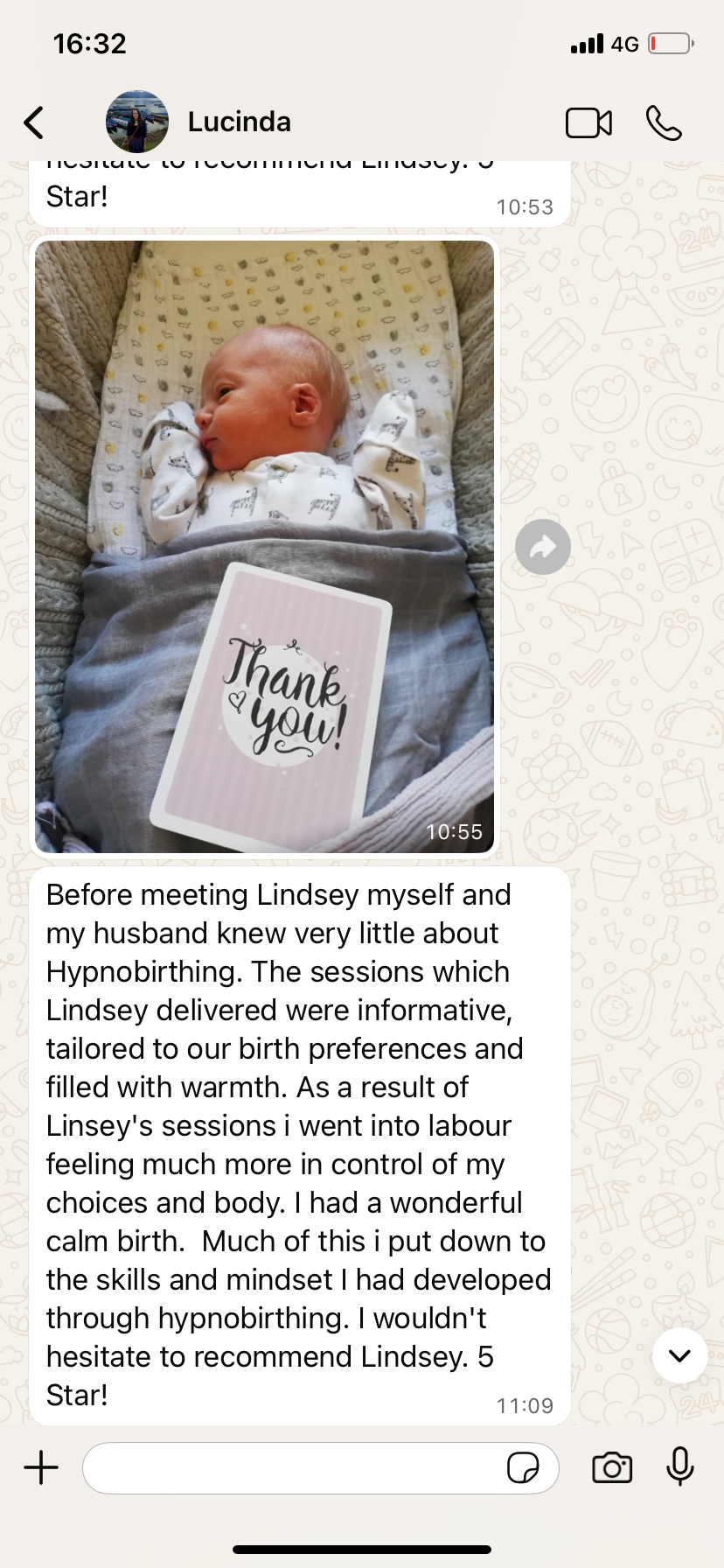 A positive review from a hypnobirthing client detailing her thanks for her experience with me, Lindsey Lou Dakota, at The Born Ready Method. There is a baby in the picture.