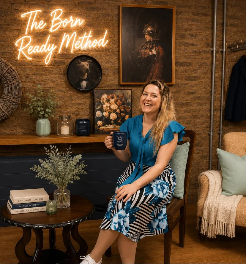 A woman sitting on a chair in a cozy indoor setting, smiling and holding a mug that says 'The Born Ready Method.' Behind her on a brick wall are framed artworks and a neon sign that reads 'The Born Ready Method.' There are decorative plants, books, and candles on a wooden shelf and table nearby.