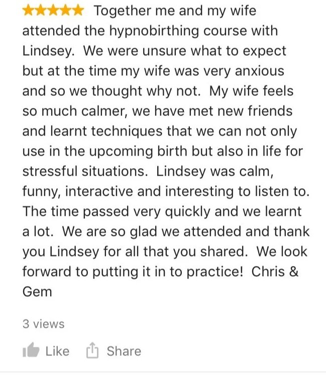 A positive text client review about attending a hypnobirthing course with me, Lindsey Lou Dakota, describing the positive experience including feeling calmer, meeting new friends, and learning useful techniques for childbirth and life.