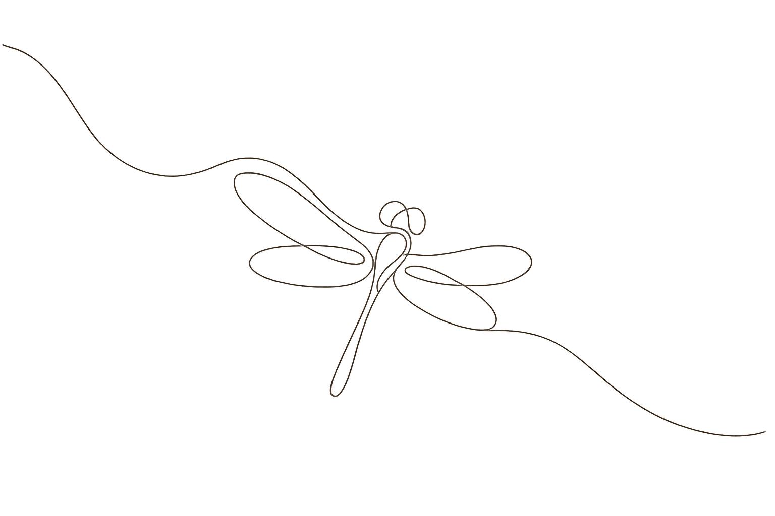 Line art of a dragonfly with elongated wings and a long body, sketched with continuous white lines on a black background.