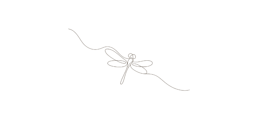 A minimalist line drawing of a small dragonfly caught in a horizontal thread with a knot in the center, against a black background.