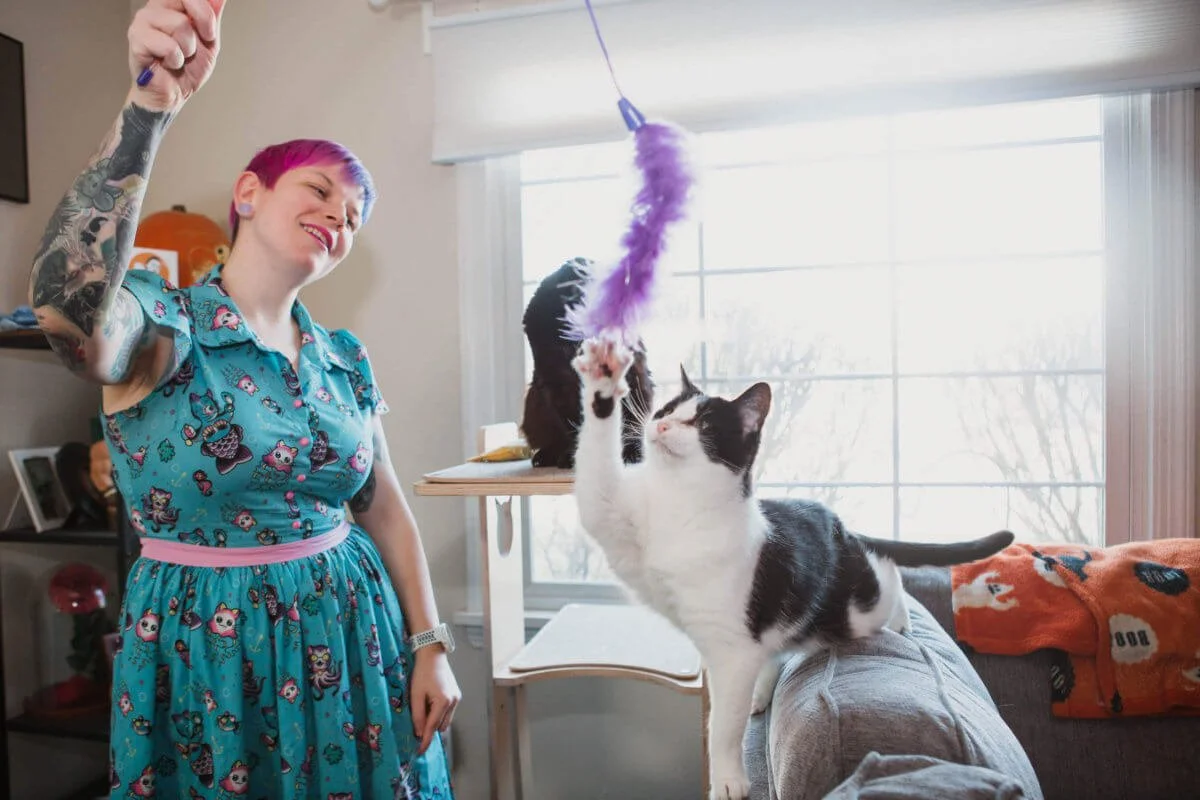 A woman with pink and purple hair smiling and playing with a black and white cat with a purple feather toy. In the background, another black cat sits on a table near a window.