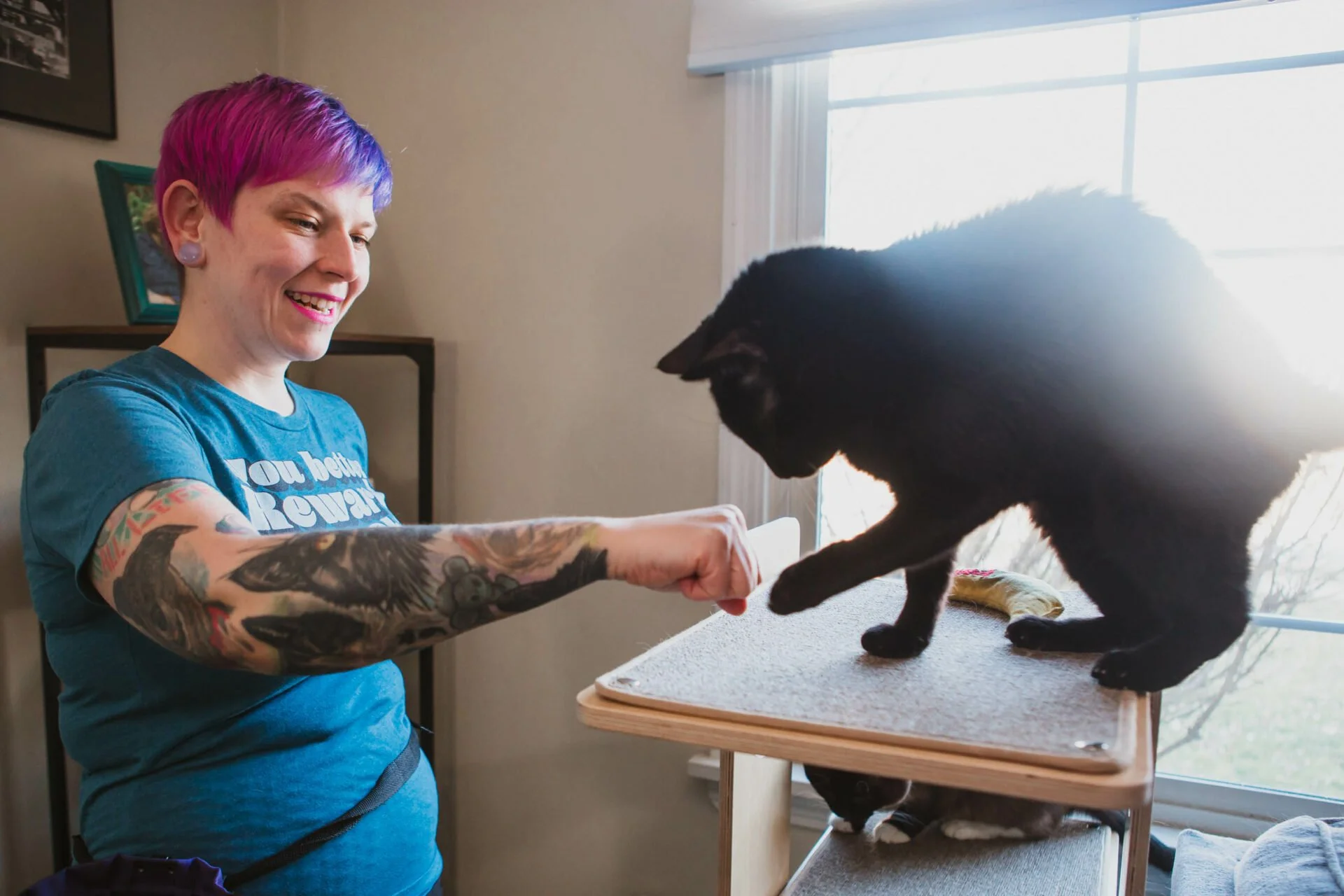 A woman with short pink and purple hair, tattoos on her arms, and a blue T-shirt smiling as she interacts with a black cat on a grooming table in a room with natural light from a window.