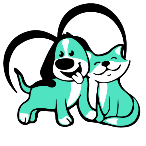 Cartoon illustration of a dog and a cat sitting together, both smiling and appearing happy, with a black background.