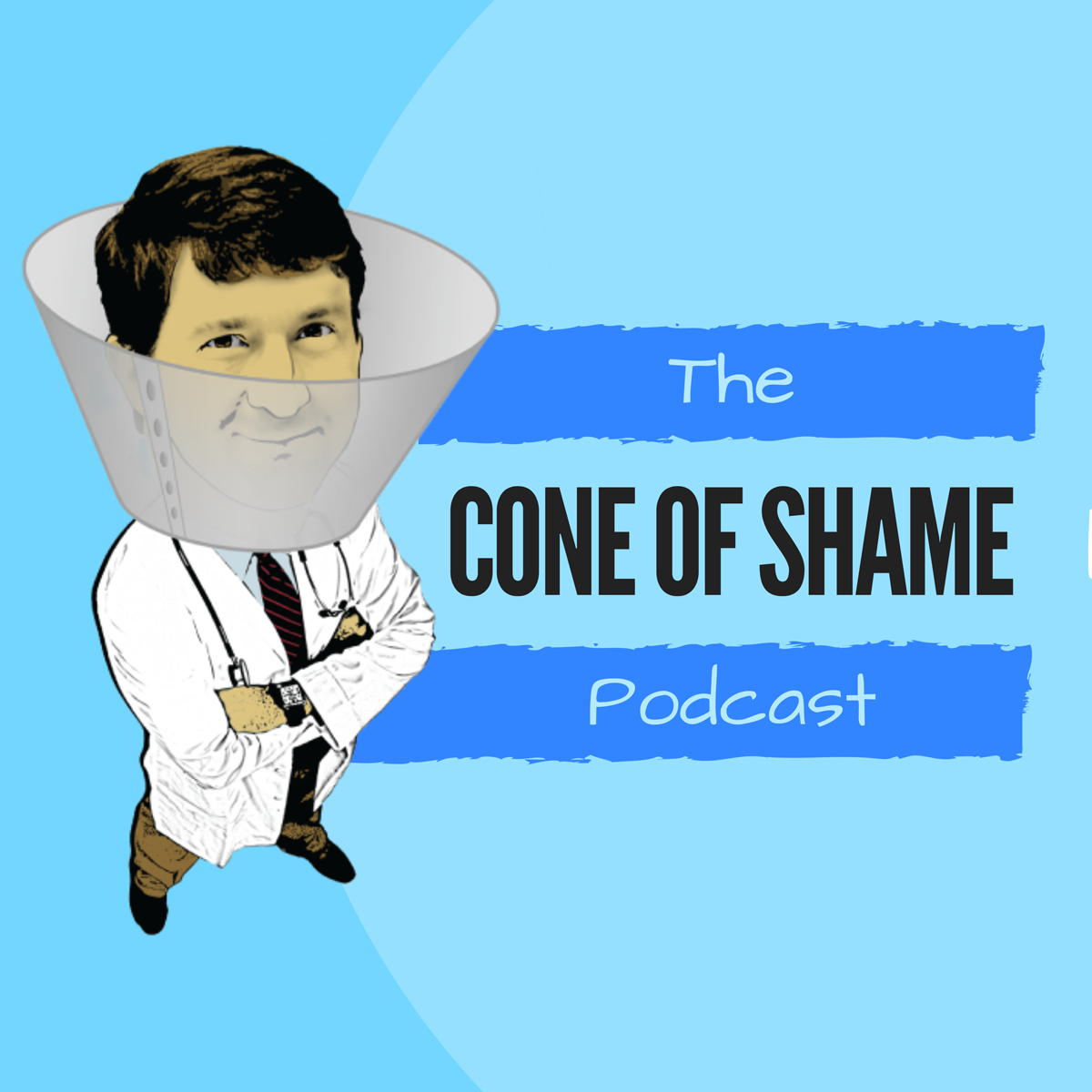 Illustration of a male doctor wearing a white coat and stethoscope, with his head inside a transparent cone, against a blue background with the title 'The Cone of Shame Podcast'.